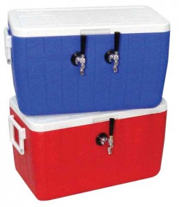 Double tap jockey box, 50' coil, 48qt Blue or Red Cooler