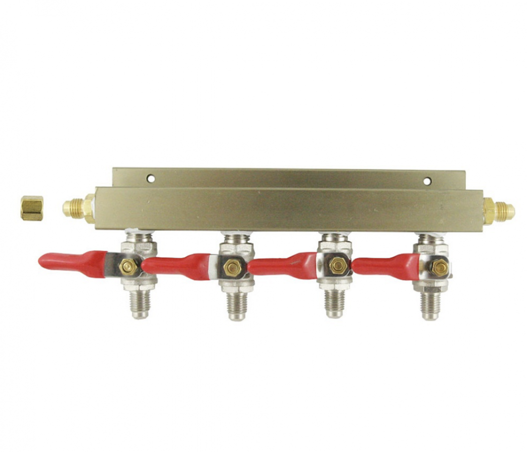 4-Way Aluminum Gas Distributor, 1/4" MFL with Shut Off & Check Valve