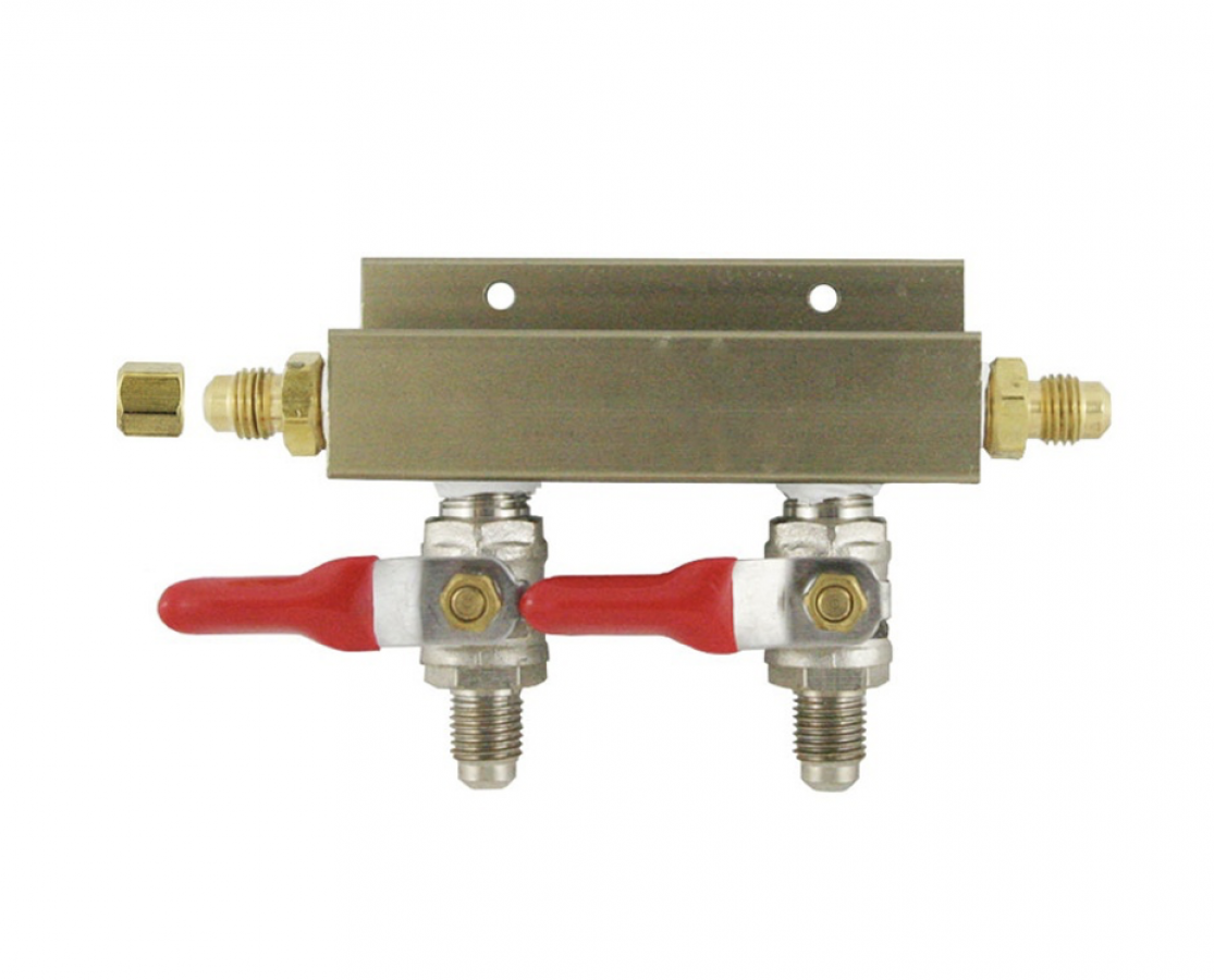 2-Way Aluminum Gas Distributor, 1/4" MFL with Shut Off & Check Valve