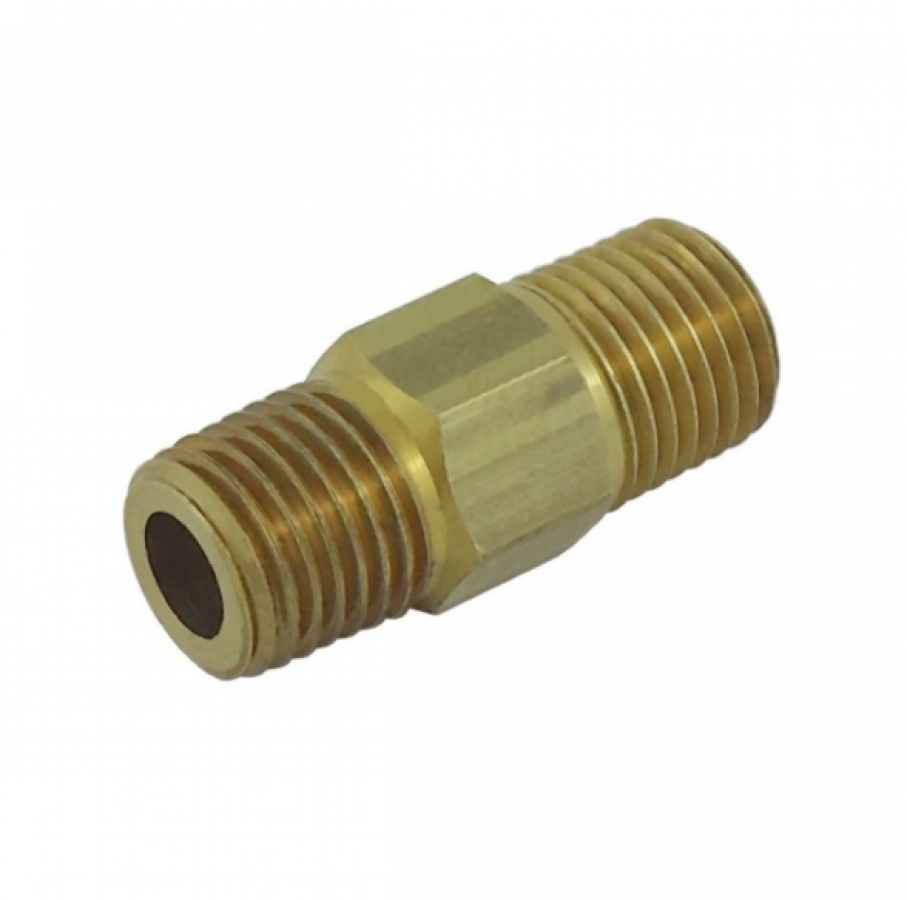 Hex Nipple - Left to Right Threads - 1/4" MPT Brass